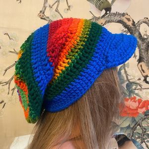 Crochet Super Slouchy Beanie Winter Hat Brim Colorful Stripe Rainbow Boho Hippie